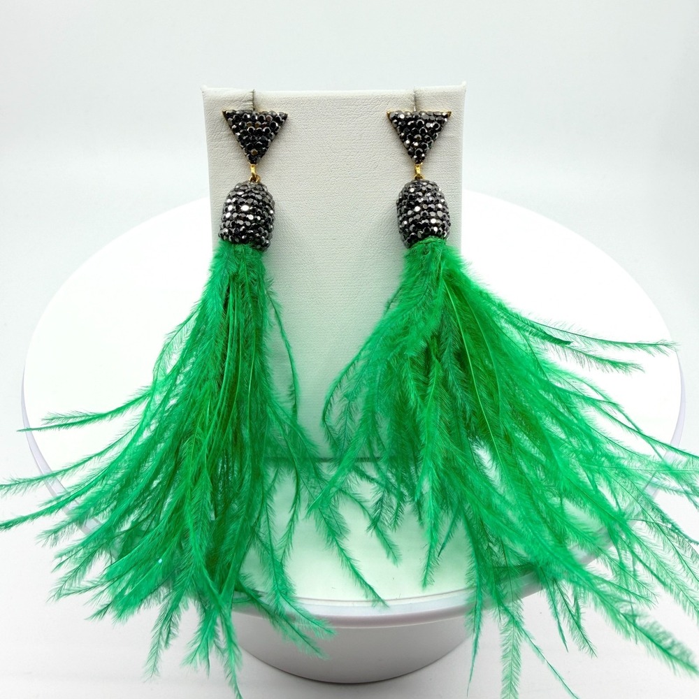 VTG Green Feather Dangle Earrings Hematite Rhinestone Boho Triangle Drop